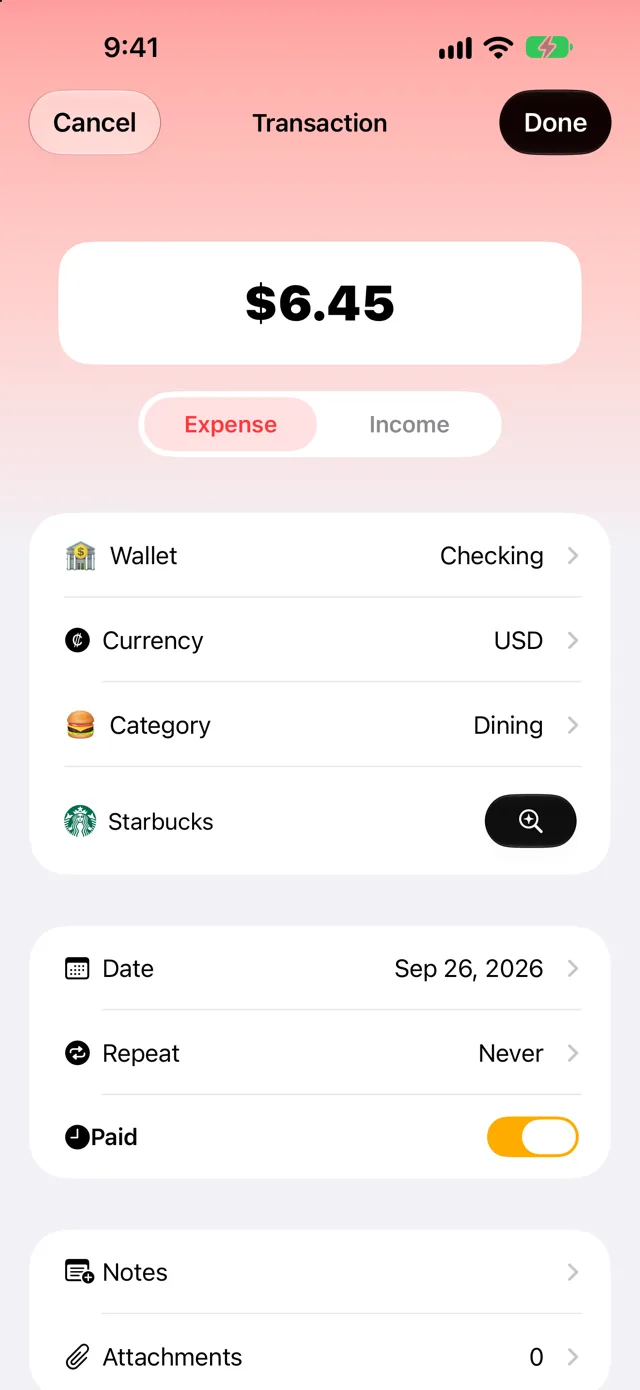 Quartzo transaction form with amount, wallet, currency and category